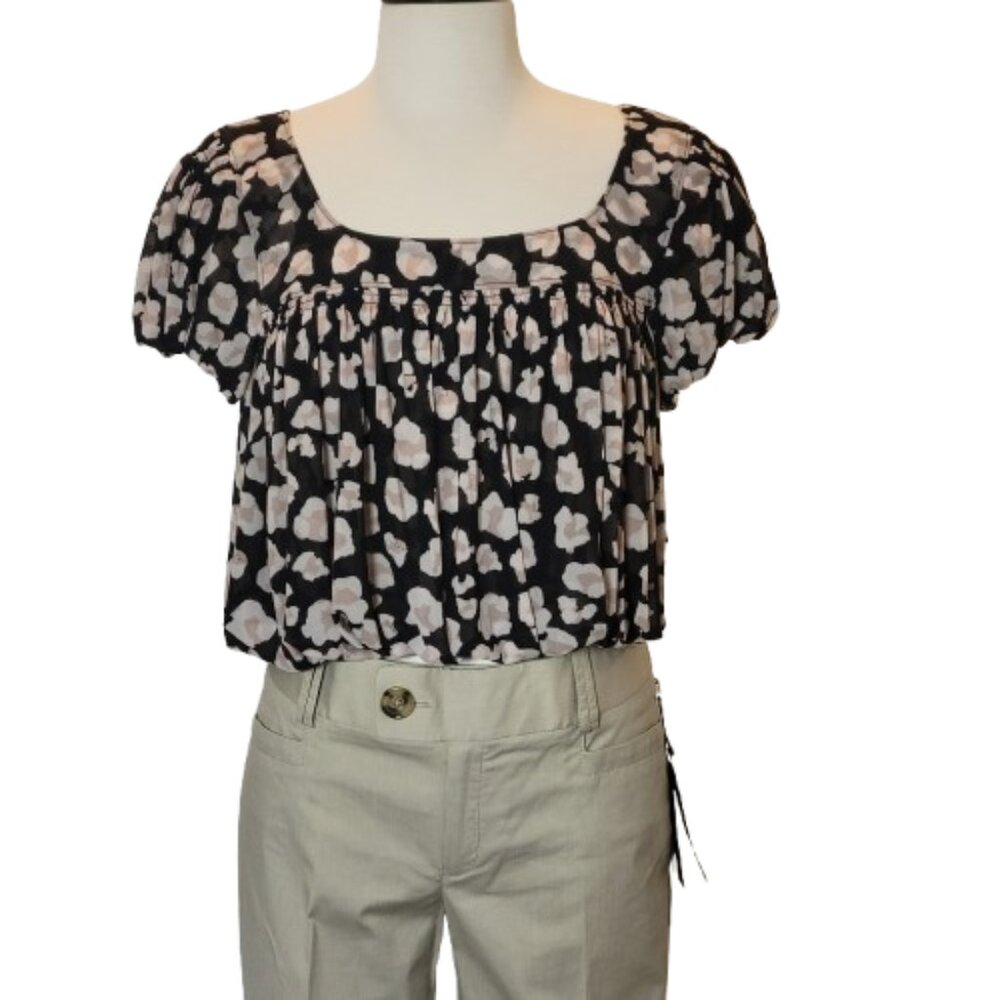 Free People Shirred Bodice Midriff Crop Top Short Sleeve Blk, Beige Size S - Picture 3 of 12